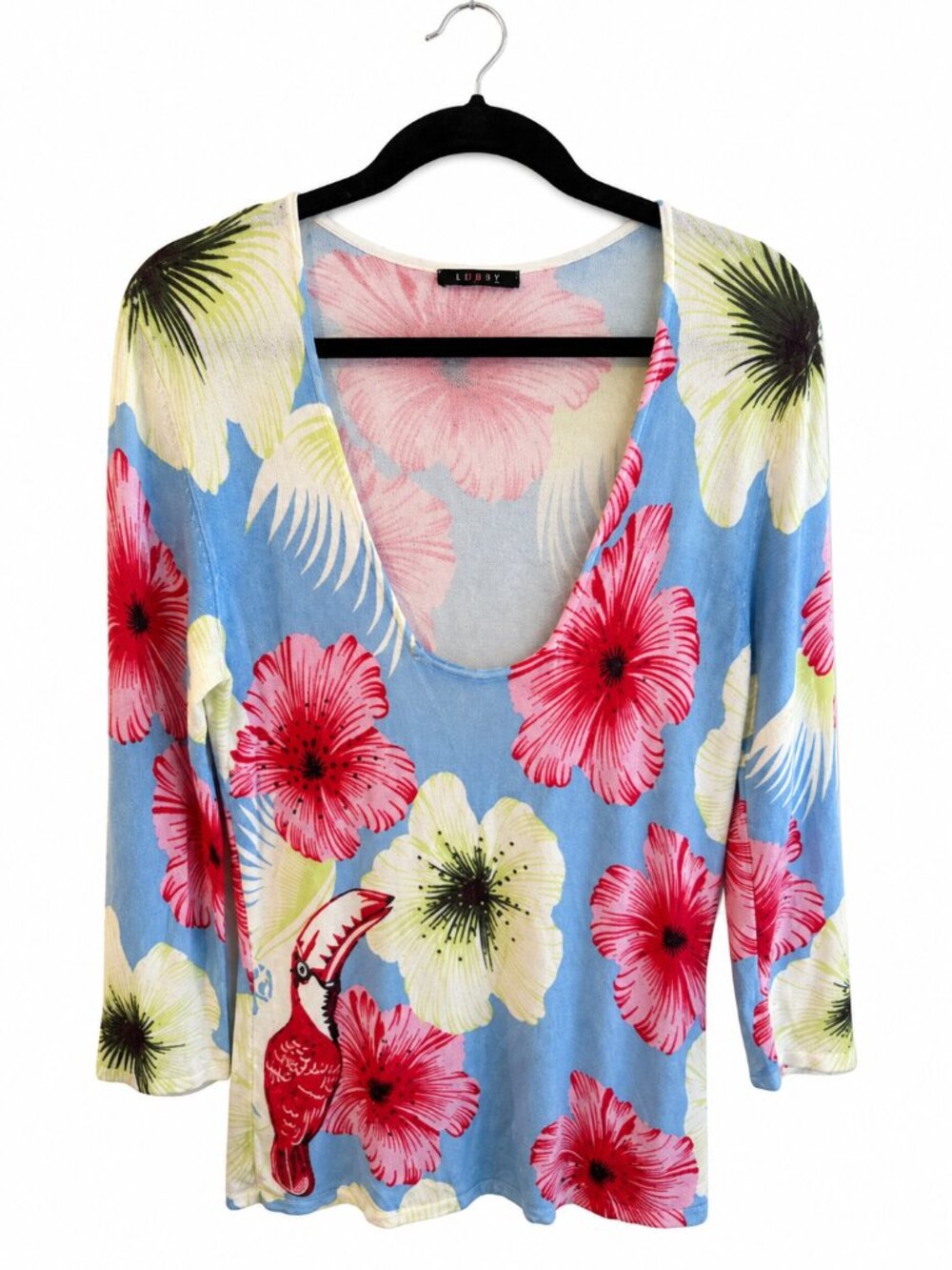 Cyrus Tropical Floral Lightweight Sweater Top Blue Pink Toucan Print